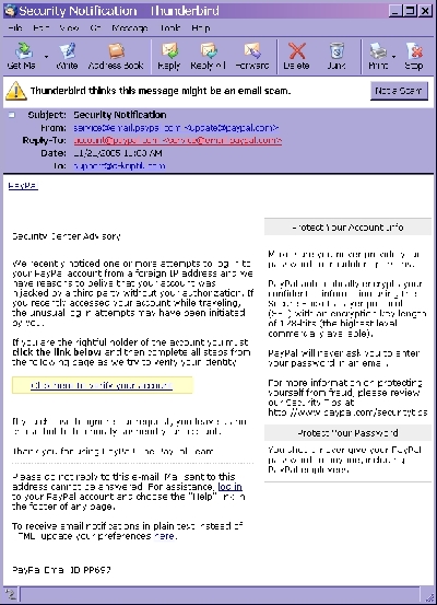 Phishing message displayed as HTML in Thunderbird